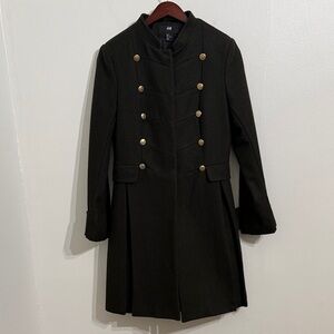H&M Military Coat Women Size 6 Army Green Wool Blend Mid Length Steampunk